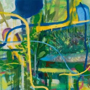 A painting of trees and bushes with blue lines.