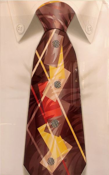 A man wearing a brown tie with yellow and red designs.