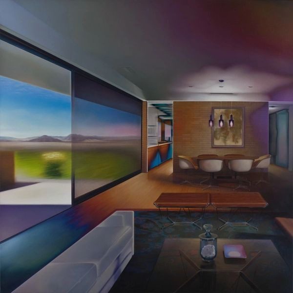 A painting of a living room with a large window.