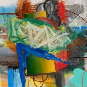A painting of various colors and shapes on paper.