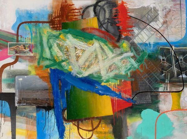 A painting of various colors and shapes on paper.