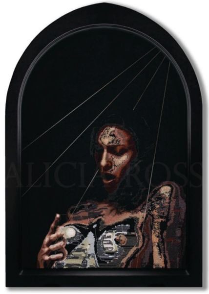 A painting of a woman with tattoos holding a cigarette.