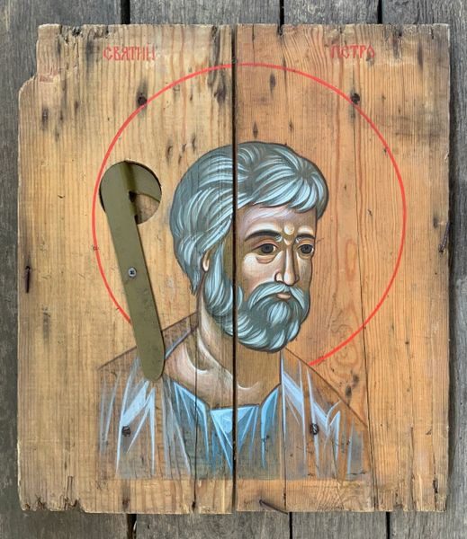 A painting of a man holding an wrench.