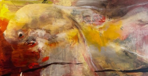 A painting of yellow and red abstract art