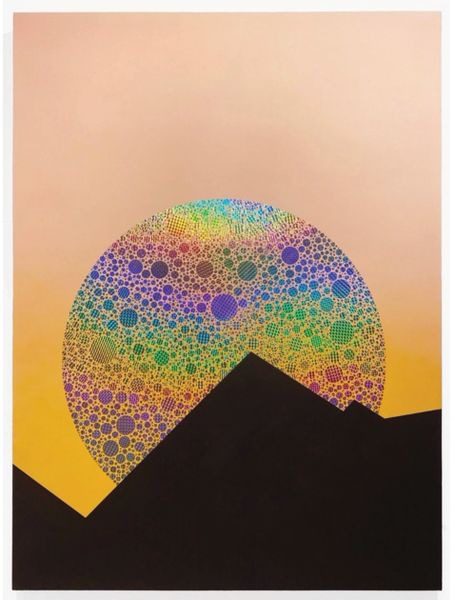A painting of a mountain with a colorful sun in the background.