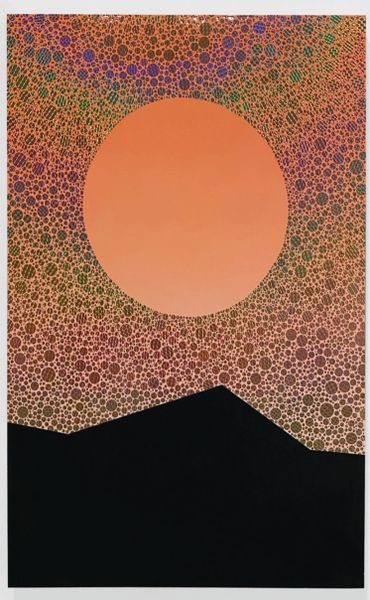 A painting of an orange sun setting over mountains.