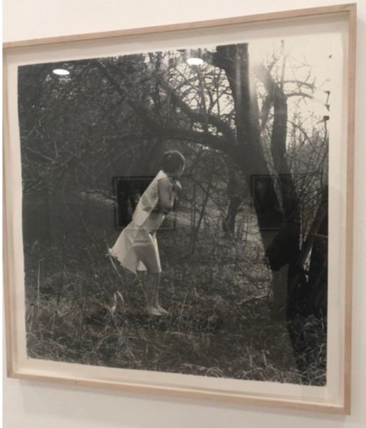 A woman is walking through the woods in an old photo.
