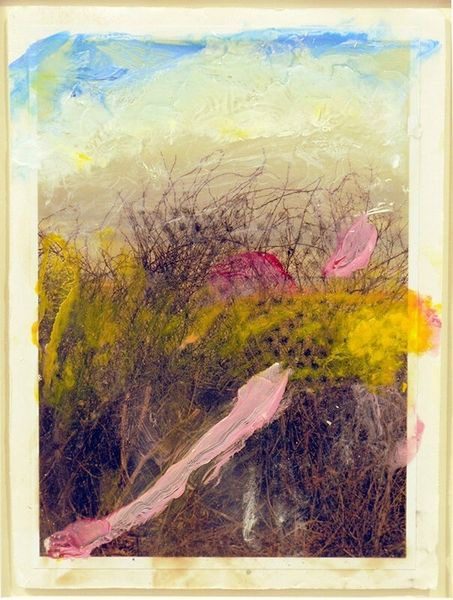 A painting of grass and trees with pink flowers.