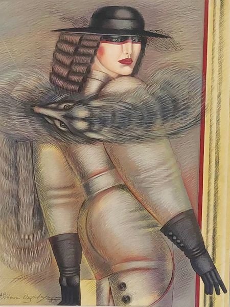 A painting of a woman in a fur coat and hat.