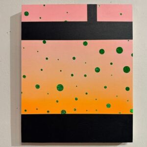 A painting of green dots and pink with black stripes.