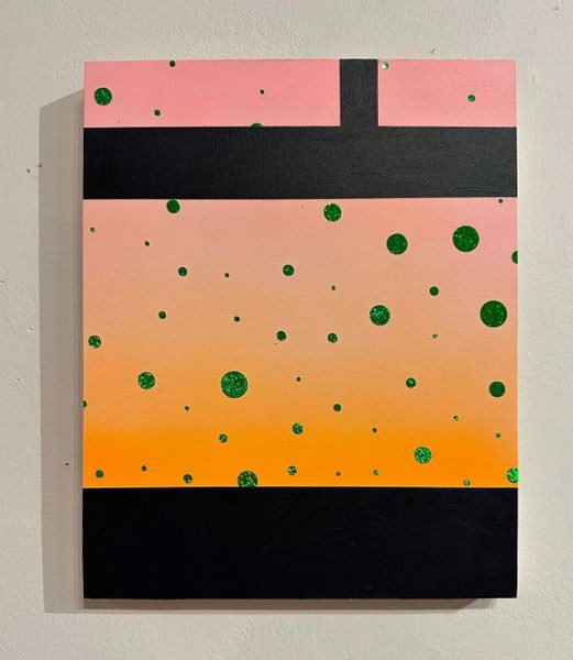 A painting of green dots and pink with black stripes.