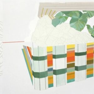 A painting of a basket with a plant inside