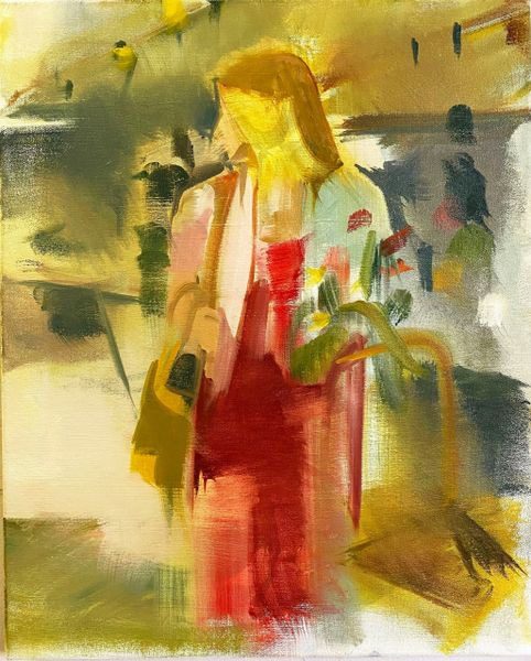 A painting of a woman in red and yellow