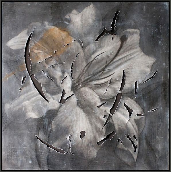 A painting of leaves in grey and black
