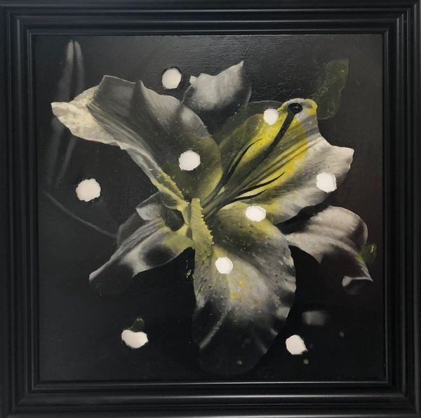 A painting of a flower with white spots on it.