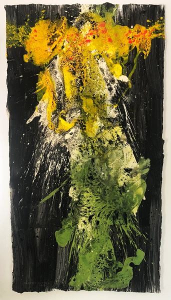 A painting of a person with yellow and green flowers.