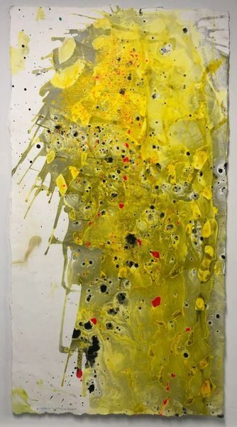 A painting of yellow and black paint splashing