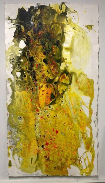 A painting of a yellow and green abstract