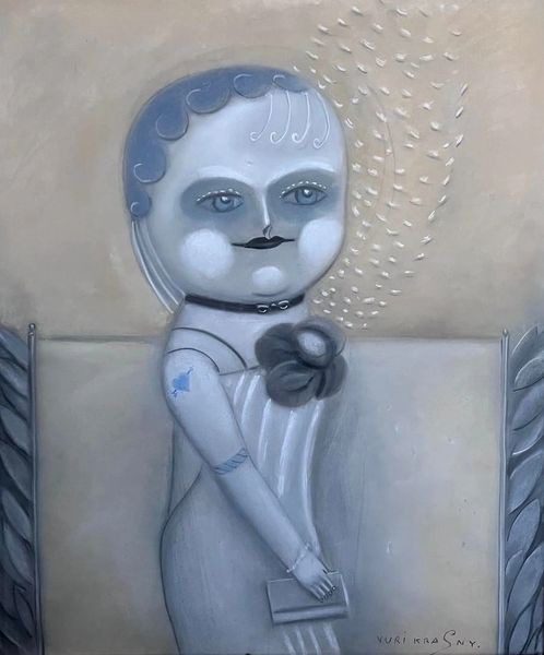 A painting of a baby doll with a blue face