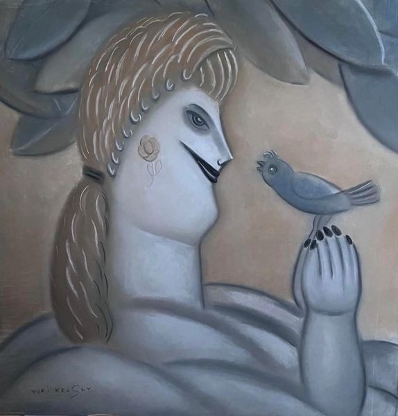 A painting of a woman with a bird on her hand.