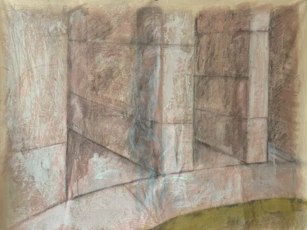 A painting of a stone wall with some kind of green grass