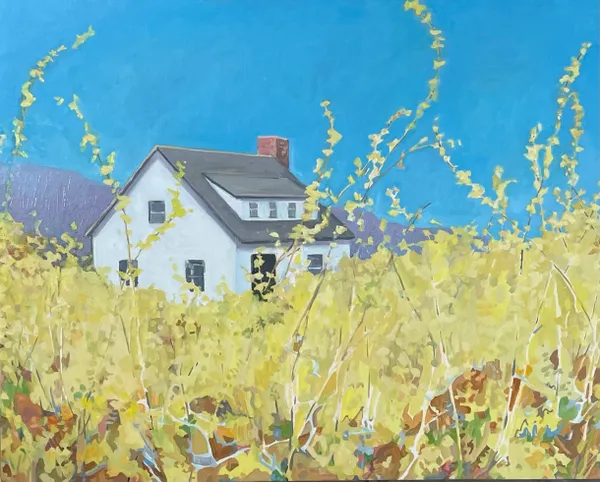 A painting of a house in the middle of a field