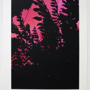 A pink and black picture of trees