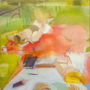 A painting of people sitting on the ground