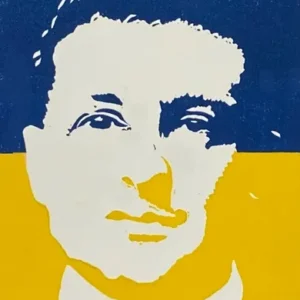A man with a yellow and blue background