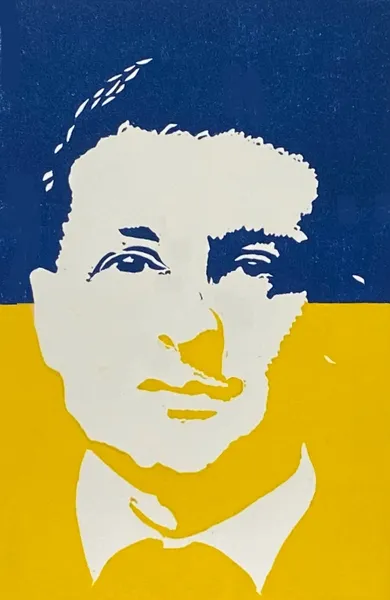 A man with a yellow and blue background