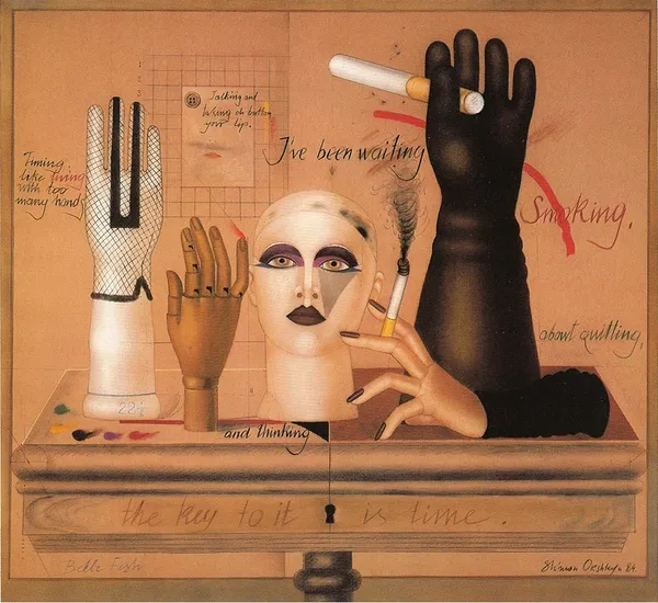 A painting of a mannequin, gloves and a cigarette.