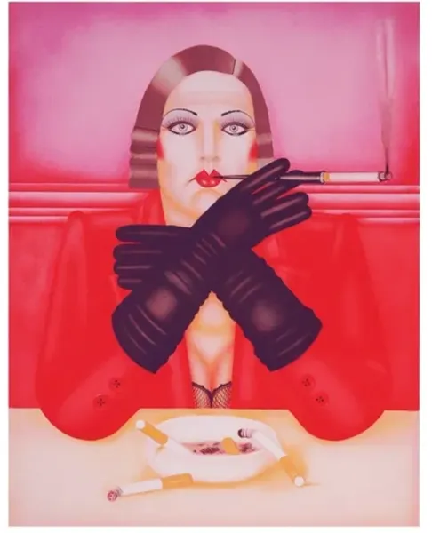 A woman with gloves and cigarette in her mouth.