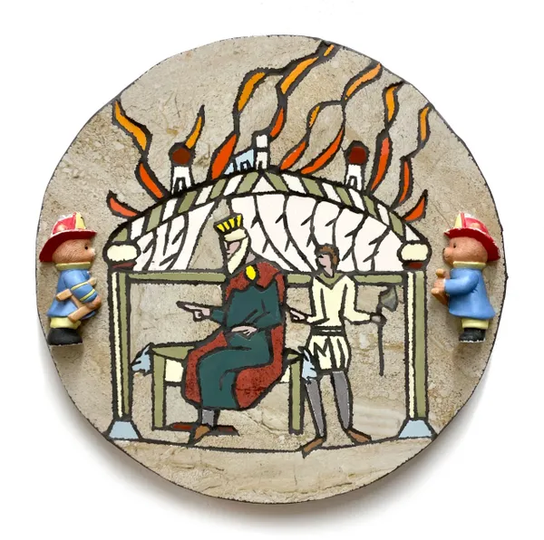 A round painting of a man and woman in an oven.