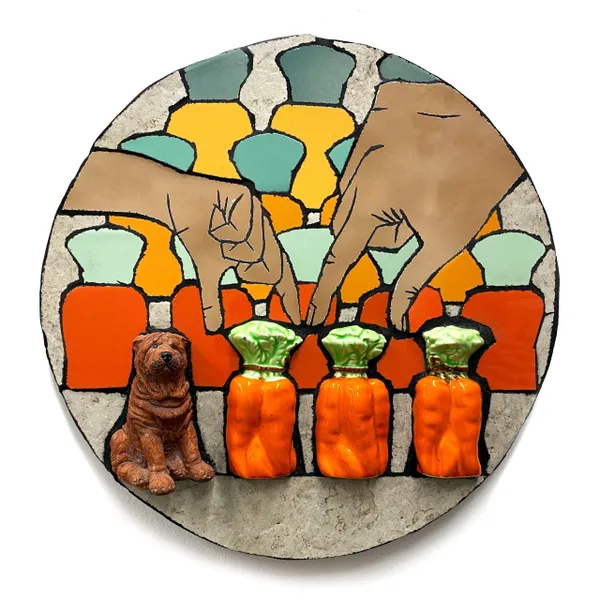 A plate with three jars of carrots and a dog.