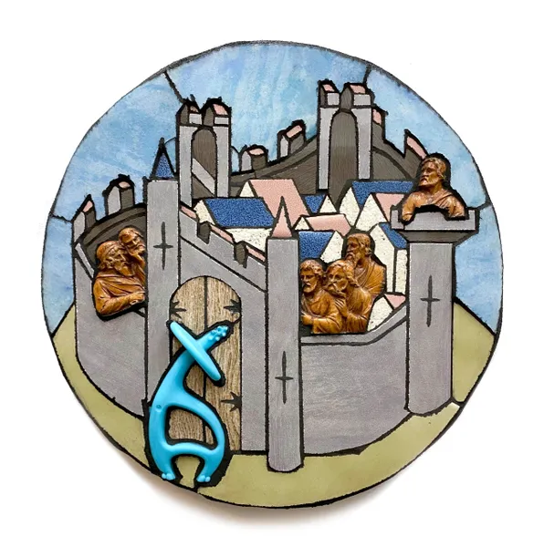 A stained glass window depicting a castle with people sitting on it.