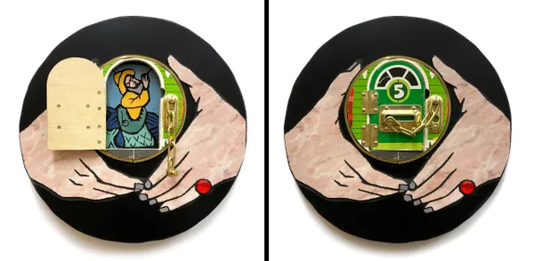 Two round paintings of hands holding a clock.