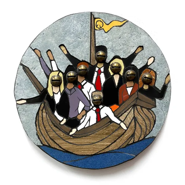 A painting of people in suits and ties on a boat.