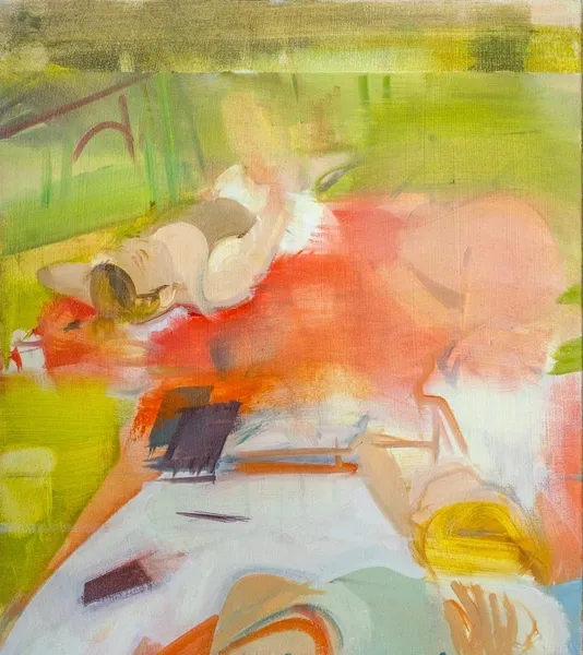 A painting of people sitting on the ground