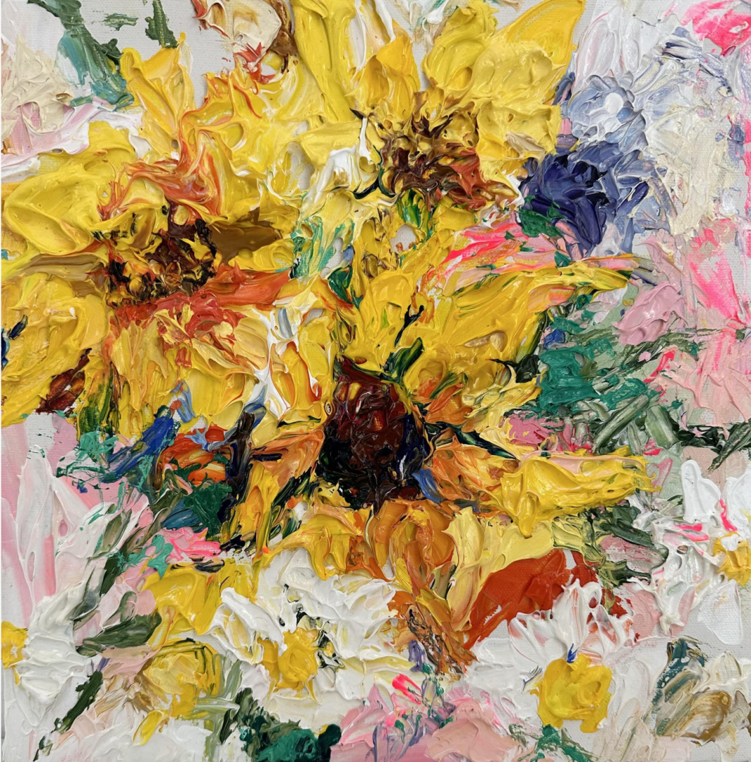 A painting of yellow flowers in a vase