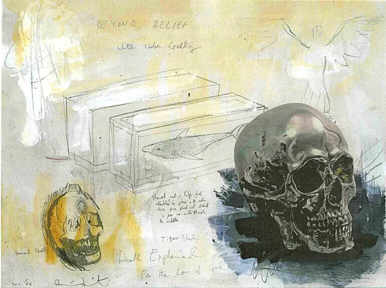 A drawing of a skull and other objects