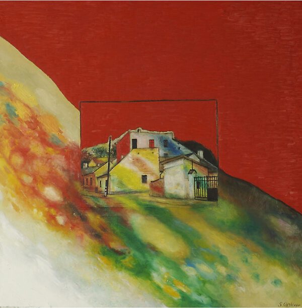 A painting of a house on top of a hill