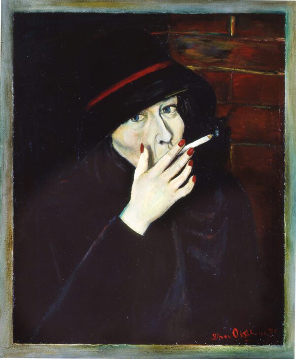 A woman in black and red smoking a cigarette.