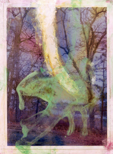 A painting of a horse in the woods