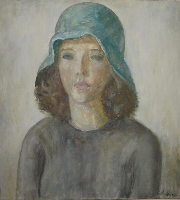 A painting of a woman wearing a hat