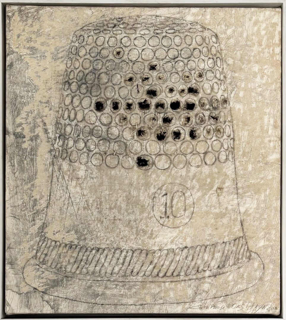 A drawing of a thimble with holes in it.